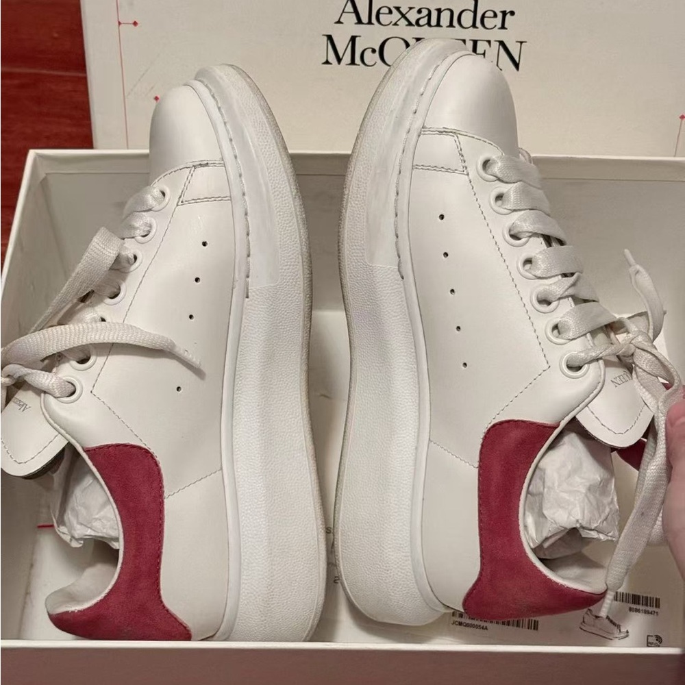 Alexander McQueen White Leather Sneakers with Red Suede Heel Patch